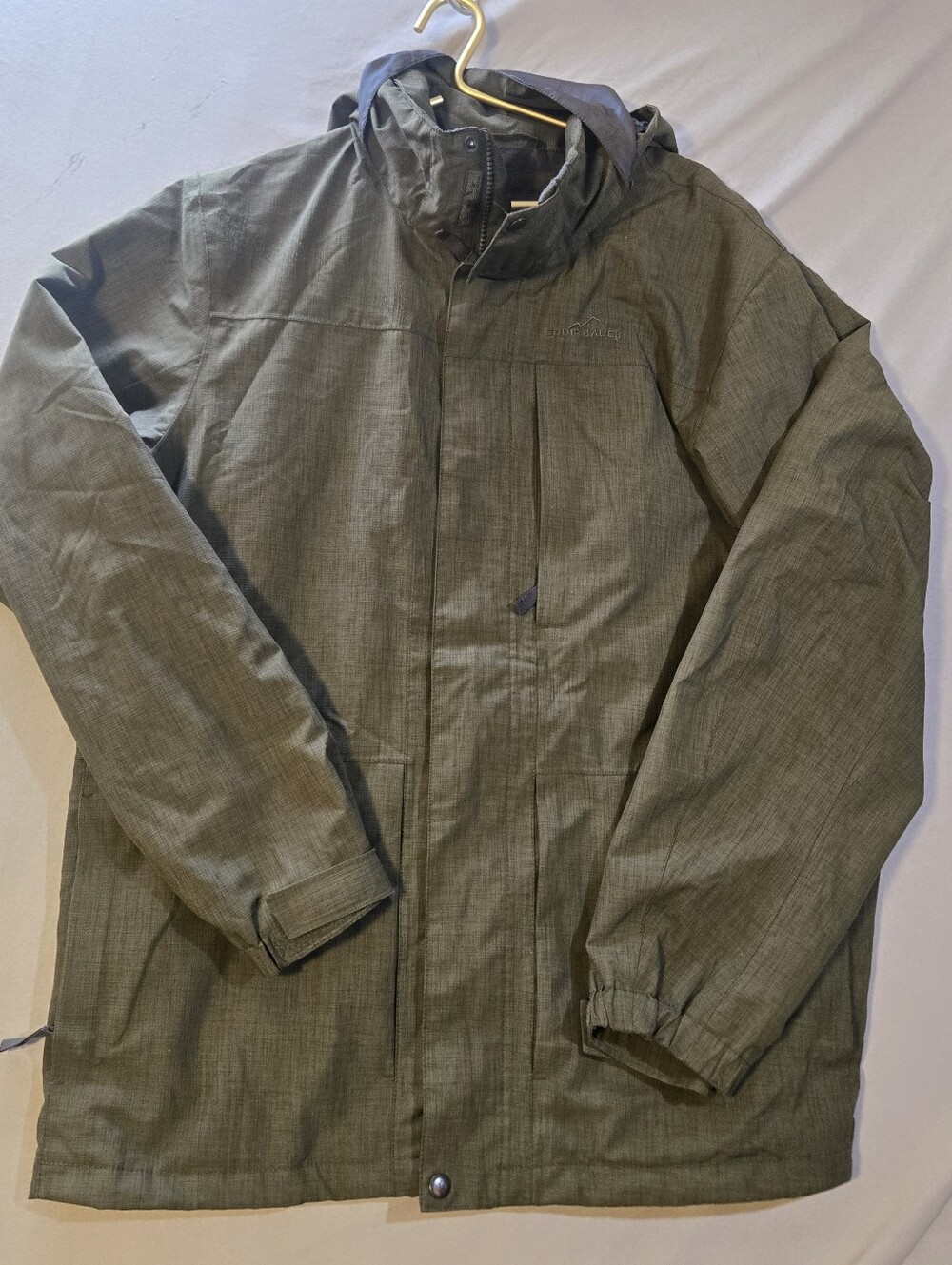 Eddie Bauer Weather Edge Olive Green Hooded Raincoat Insulated Outerwear Utility